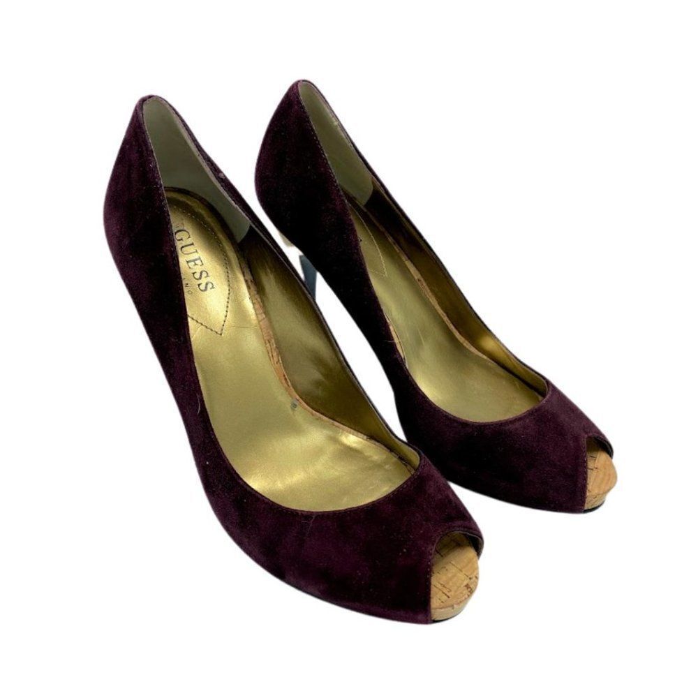 Guess Belicia Plum Wine Suede Peep Toe Shoes 8.5